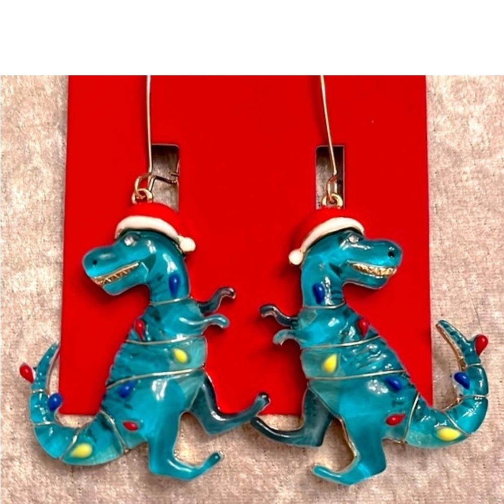 Brand New Jingle & Joy Dinosaur T-Rex Santa Christmas Lights Drop Earrings